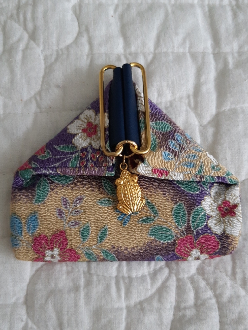 Floral Jacquard Foldover Clutch with Gold Frog Charm